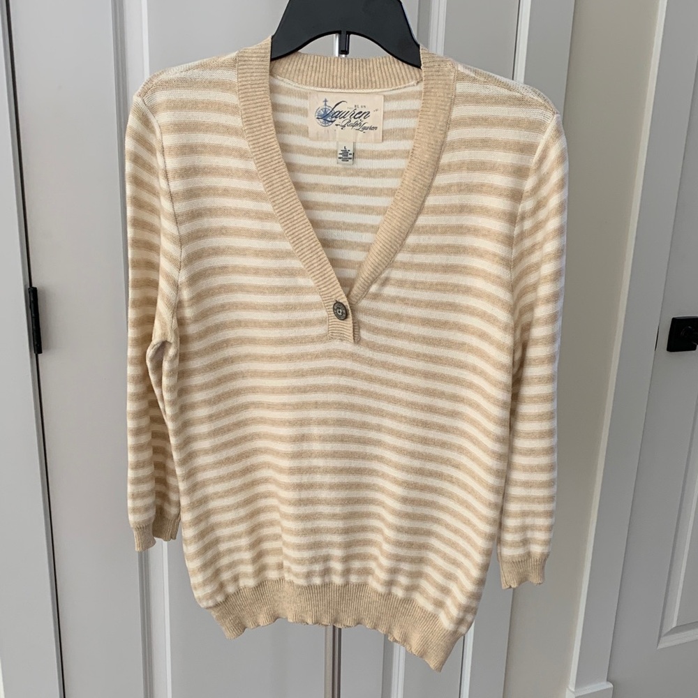 Lauren Ralph Lauren 100% Cotton Beige and White Striped V-Neck Sweater
